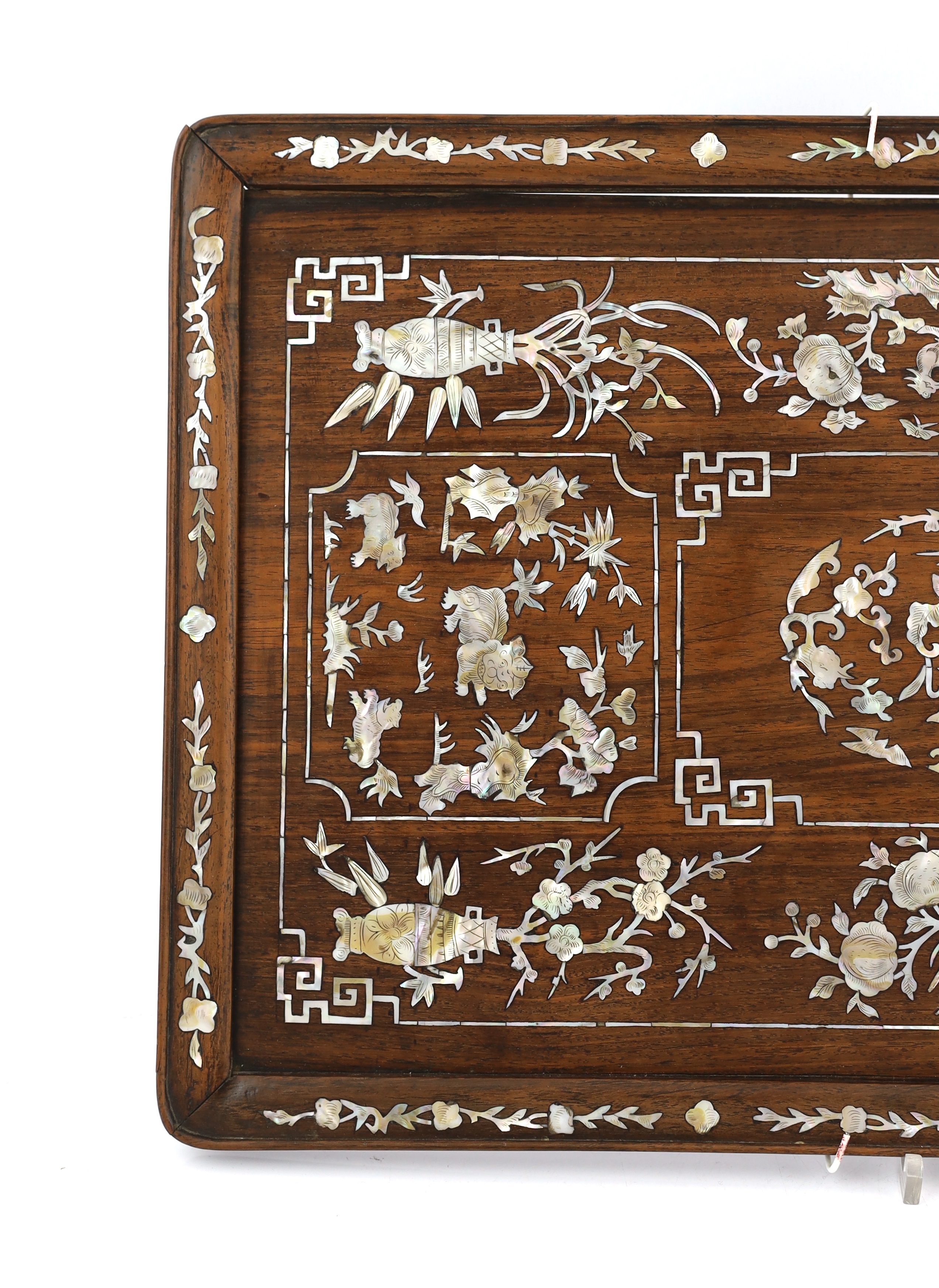 A Chinese hongmu and mother of pearl inlaid tray, late 19th century